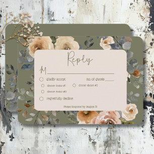 Cartão RSVP Vanilla White Boho Rosas Sage Janto Casamento