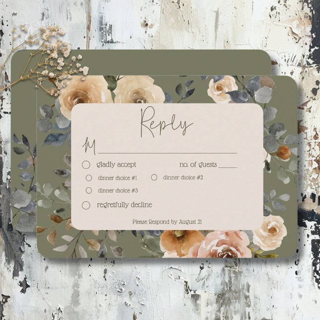 Cartão RSVP Vanilla White Boho Rosas Sage Janto Casamento (Vanilla White Boho Roses Sage Wedding Dinner RSVP Card)