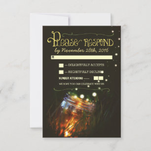 Cartão RSVP vaso de pedreiro com vaga-lumes casamento rústico 