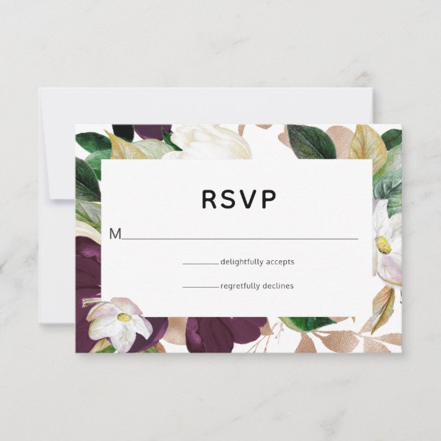Cartão RSVP Velvet de ameixa Escura e Casamento Floral de Prim (Frente)
