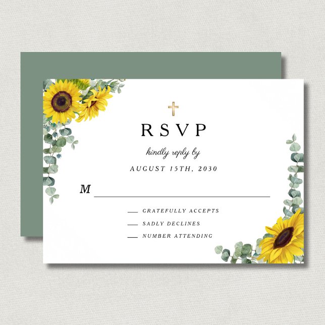 Cartão RSVP Verdadeiro Verde Religioso Cruz Girassol Casamento (Sage Green Religious Cross Sunflower Wedding RSVP Card)