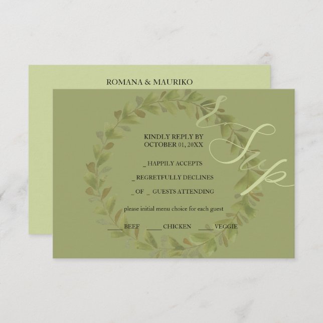 Cartão RSVP Verde Artístico Wreath Wreath Pintado à Mão (Frente/Verso)