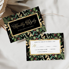 Cartão RSVP Verde dourado em Preto | Casamento de Natal