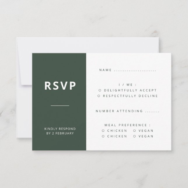 Cartão RSVP Verde escuro | Casamento Moderno de Moss Minimalis (Frente)