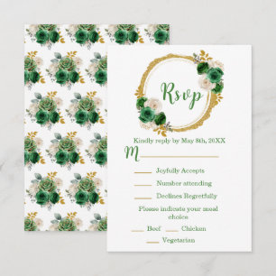 Cartão RSVP Verde Escuro e Dourado Elegantes Flores Sweet Sixt