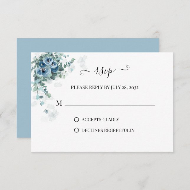 Cartão RSVP Verde Eucalyptus Dusty Blue Floral 2 Casamento (Frente/Verso)