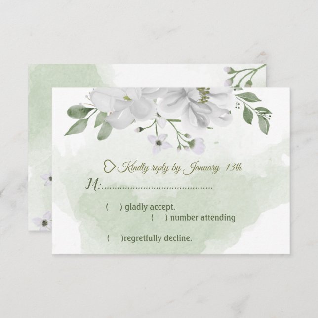 Cartão RSVP verde-flores brancas (Frente/Verso)