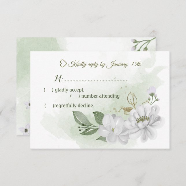 Cartão RSVP verde-flores brancas (Frente/Verso)