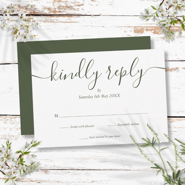 Cartão RSVP Verde Oleícola com Script Elegante Simples (Simple Elegant Script Olive Green RSVP Card)
