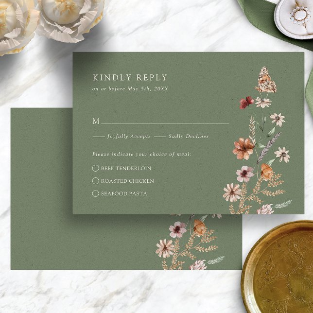 Cartão RSVP Verde Russo (Rustic Sage Green Boho Wildflower RSVP Card with Butterfly by Painted Paperie
)