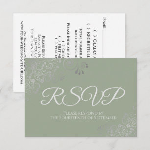 Cartão RSVP Verde Salvia com Elegante Renda Prateada Casamento