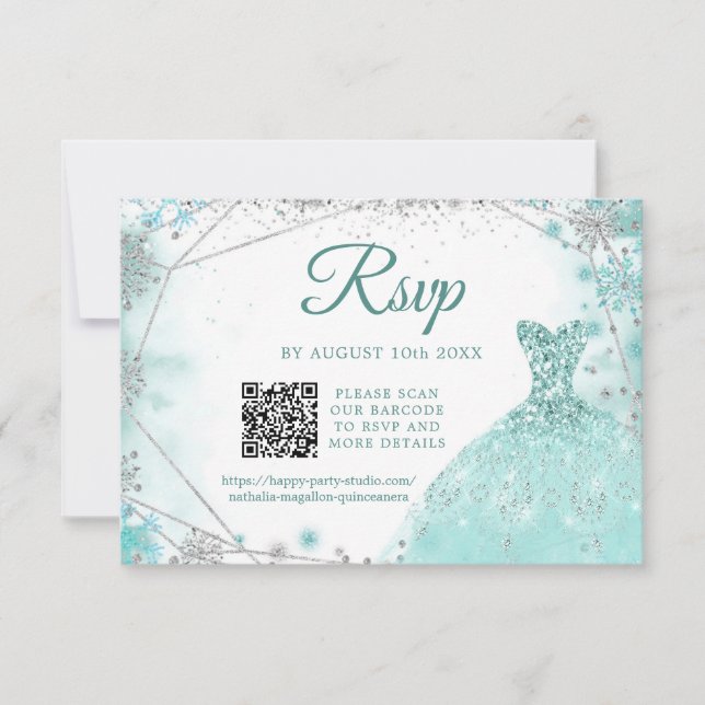 Cartão RSVP Verde Teal Silver Winter Quinceañera Snowflake QR (Frente)