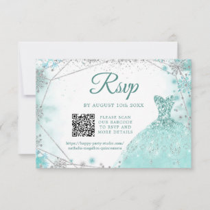 Cartão RSVP Verde Teal Silver Winter Quinceañera Snowflake QR