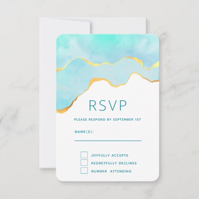 Cartão RSVP Verde tropical tranquilo com casamento Dourado na  (Frente)