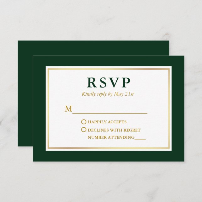 Cartão RSVP Verde Verde-Elegante Moderno Dourado (Frente/Verso)
