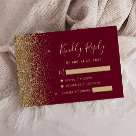 Cartão RSVP Vermelho Borgonha Moderno Dourado Falso Brilho na 