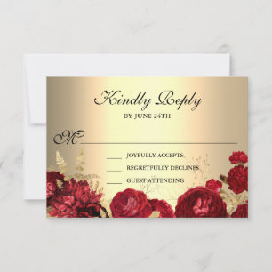 Cartão RSVP Vermelho Floral Elegante e Dourado