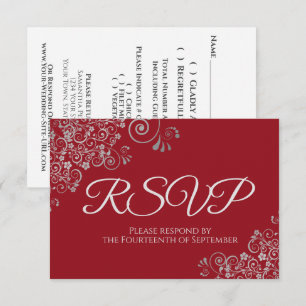 Cartão RSVP Vermelho Romântico com Elegante Renda Prateada Cas