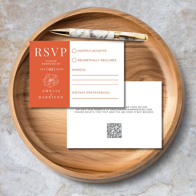Cartão RSVP Verona Sunset Orange Floral Elegant Wedding (Verona Sunset Orange Floral Line Art Elegant Wedding RSVP Card with QR Code, Dietary Preferences.)