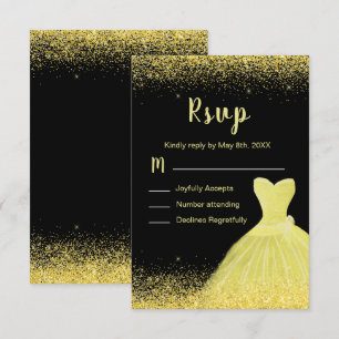 Cartão RSVP Vestido Amarelo Brilhante Faux Brilho Sweet 16 Ani