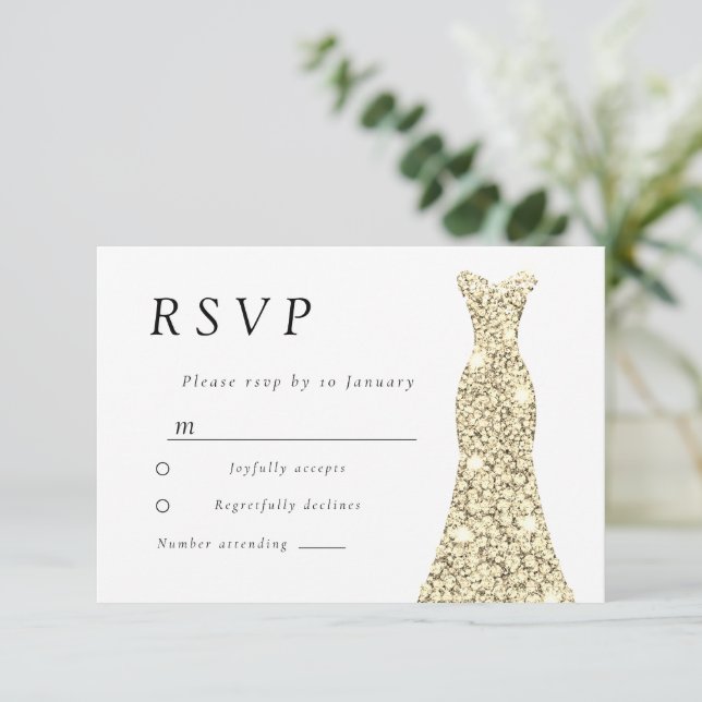 Cartão RSVP Vestido de Brilho Dourado Casamento ou Festa de An (Em pé/Frente)