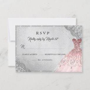 Cartão RSVP Vestido de Brilho em Rosa Dourado Prata Diamante R