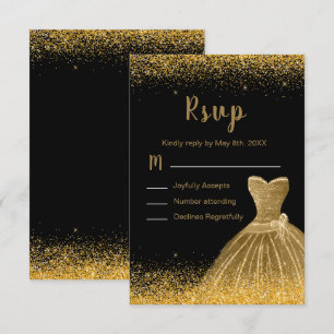 Cartão RSVP Vestido Dourado Brilho Falso Aniversário Sweet 16