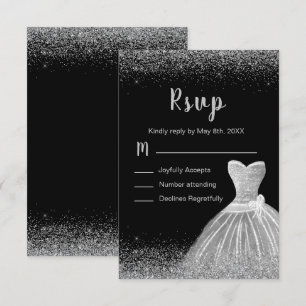 Cartão RSVP Vestido Prata Brilho Falso Sweet 16