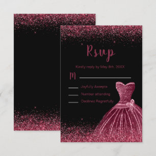 Cartão RSVP Vestido Roxo Ameixa Brilho Falso Doce Aniversário 