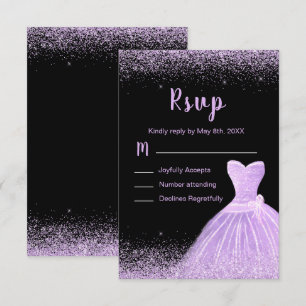 Cartão RSVP Vestido Roxo Claro Brilho Falso Aniversário de 16 