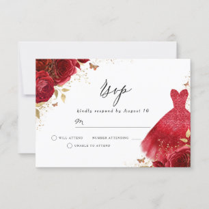 Cartão RSVP Vestido Vermelho com Brilho Rosa para Aniversário
