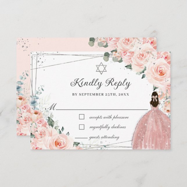 Cartão RSVP Vestimento De Prata Floral Rosa Bat Mitzvah (Frente/Verso)