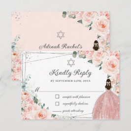 Cartão RSVP Vestimento De Prata Floral Rosa Bat Mitzvah