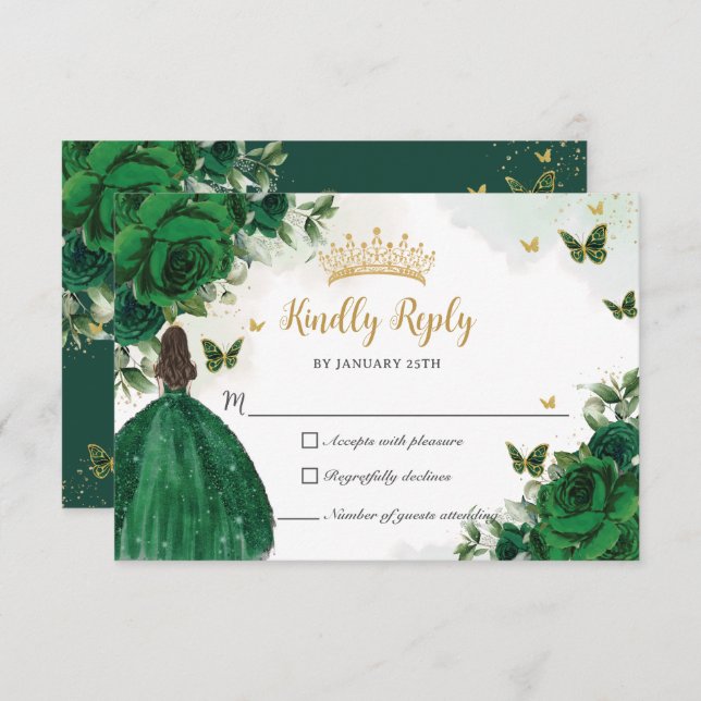 Cartão RSVP Vibrant Emerald Green Floral Princess Quinceañera (Frente/Verso)