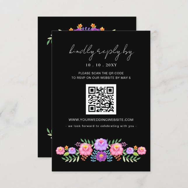 Cartão RSVP Vibrant Mexican Floral Fiesta Wedding QR code (Frente/Verso)
