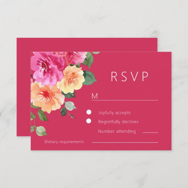 Cartão RSVP Vibrant Pink Watercolor Floral Wedding (Frente/Verso)