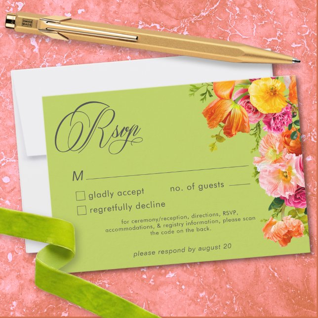 Cartão RSVP Vibrant Summer Floral Lime Orange Pink Wedding (Vibrant Summer Floral Lime Orange Pink Wedding RSVP Card)