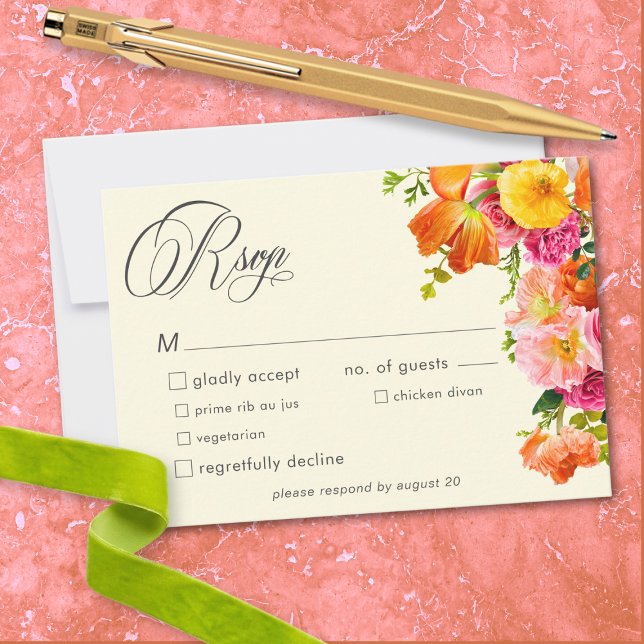 Cartão RSVP Vibrant Summer Floral Yellow Orange Pink Wedding (Vibrant Summer Floral Yellow Orange Pink Wedding RSVP Card)