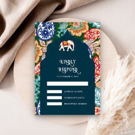 Cartão RSVP Vibrante Elefante de Arte Popular Indiana Casament