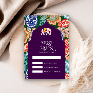 Cartão RSVP Vibrante Elefante de Arte Popular Indiana Casament