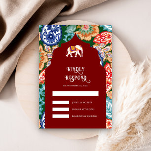 Cartão RSVP Vibrante Elefante de Arte Popular Indiana Vermelho