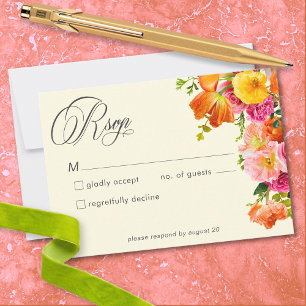 Cartão RSVP Vibrante Floral de Verão Amarelo Laranja Rosa Casa