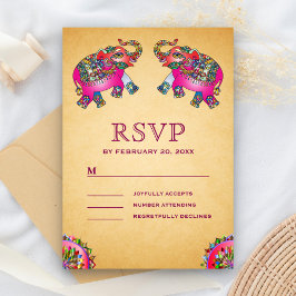Cartão RSVP Vibrantes Elefantes Étnicos Casamento Indiano
