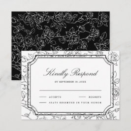Cartão RSVP Victorian Black and White Floral Line Art Wedding