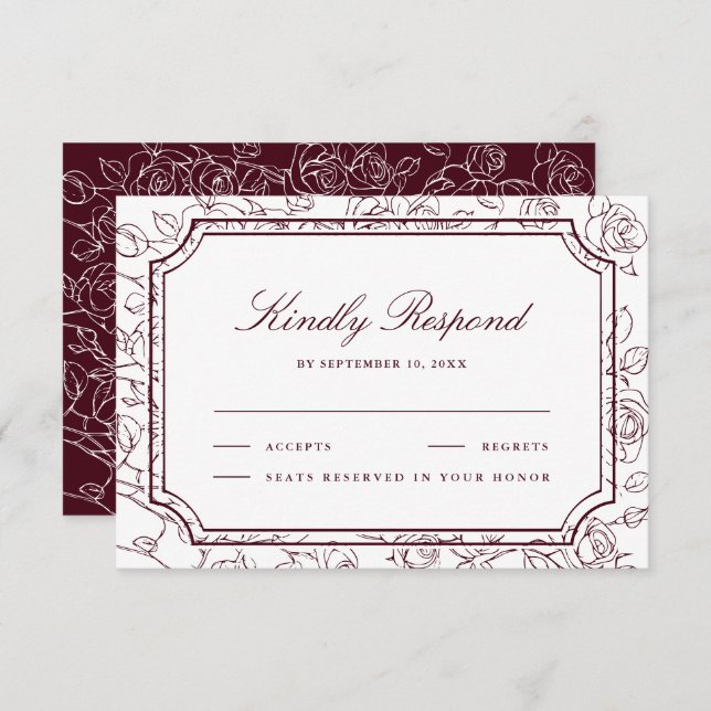 Cartão RSVP Victorian Burgundy Floral Line Art Wedding (Frente/Verso)