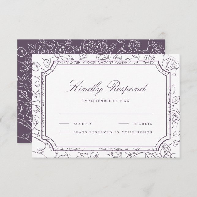 Cartão RSVP Victorian Dusty Purple Floral Line Art Wedding (Frente/Verso)