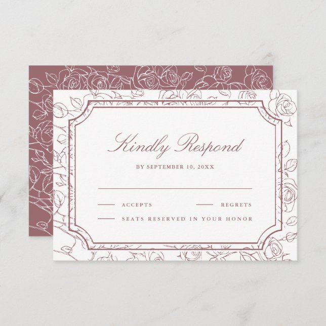Cartão RSVP Victorian Dusty Rose Floral Line Art Wedding (Frente/Verso)