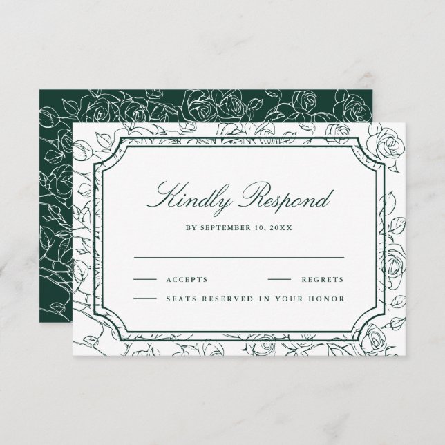 Cartão RSVP Victorian Emerald Green Floral Line Art Wedding (Frente/Verso)