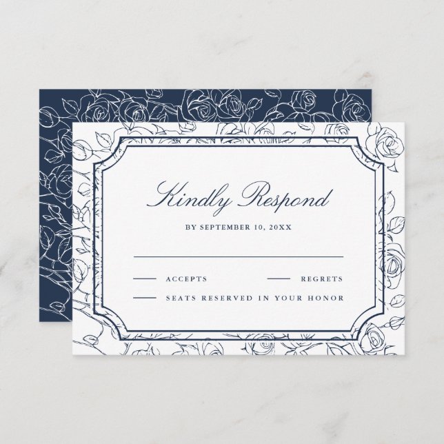 Cartão RSVP Victorian Navy Blue Floral Line Art Wedding (Frente/Verso)