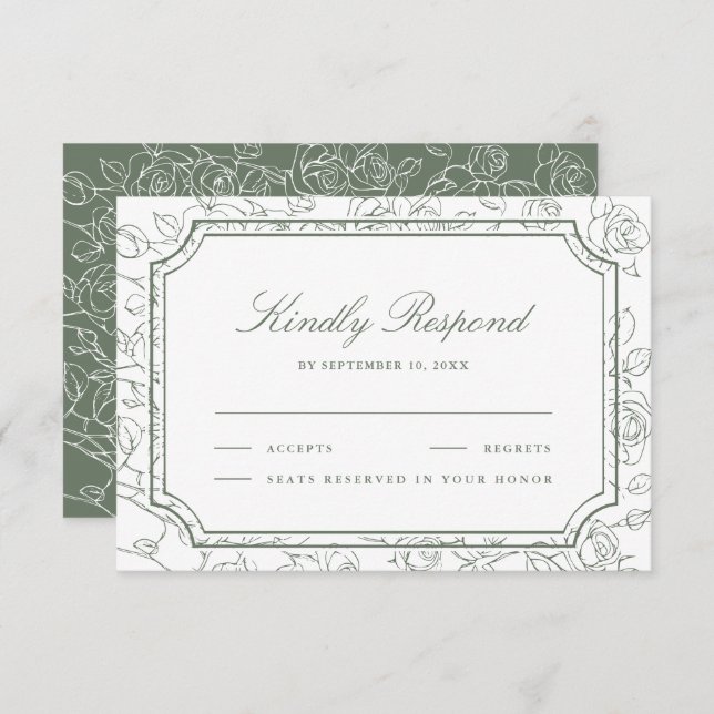 Cartão RSVP Victorian Sage Green Floral Line Art Wedding (Frente/Verso)
